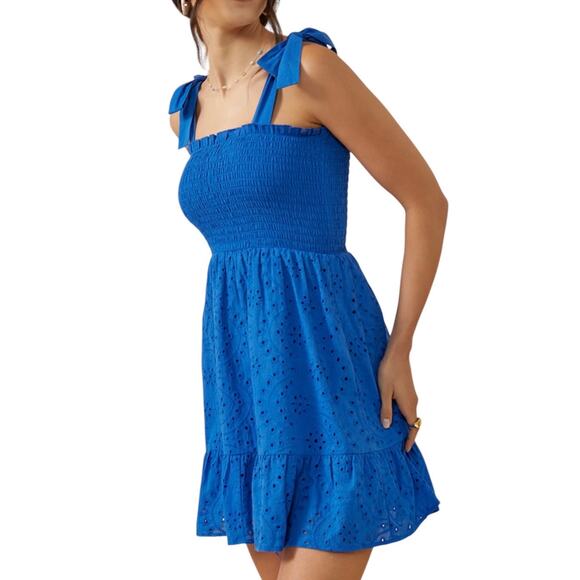 Blue Rain x Francesca’s Loretta Cobalt Blue Tie Strap Eyelet Mini Dress Large - Picture 1 of 9